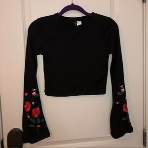 Divided Long-Sleeve Embroidered Crop Top